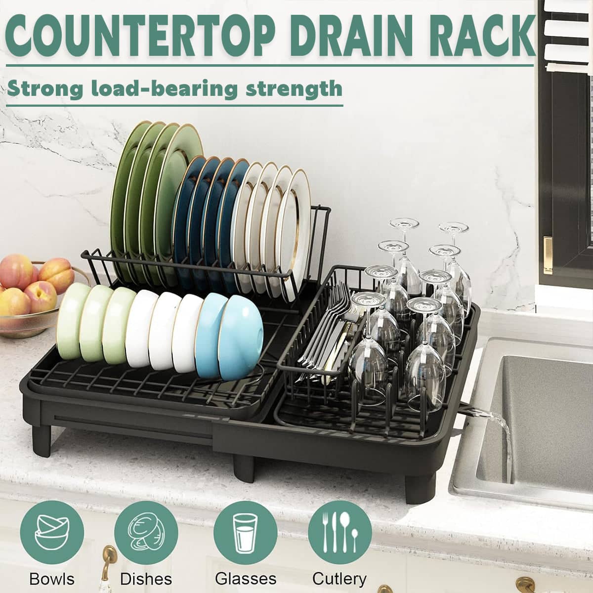 Dish Draining Rack with Cutlery Basket and Fixed Drain Spout