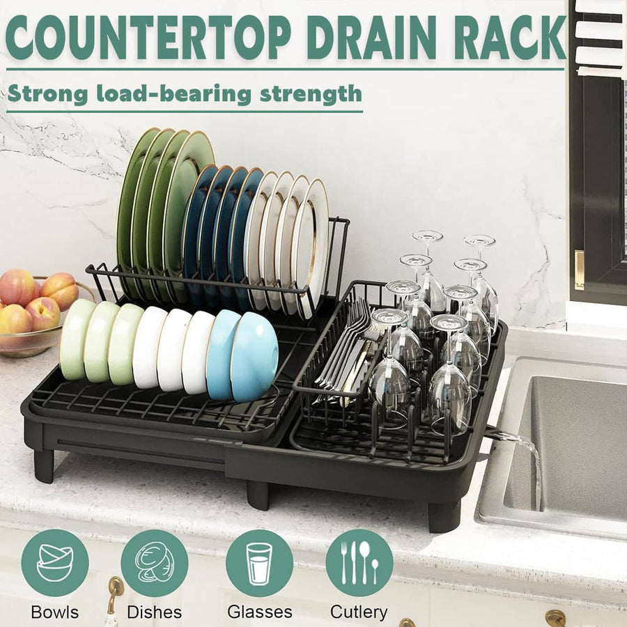 Dish Draining Rack with Cutlery Basket and Fixed Drain Spout