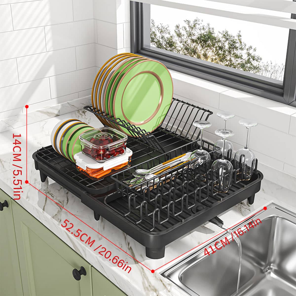 Dish Draining Rack with Cutlery Basket and Fixed Drain Spout - view 3