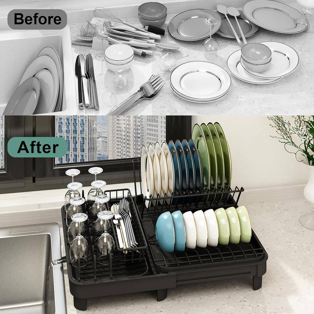 Dish Draining Rack with Cutlery Basket and Fixed Drain Spout - view 5