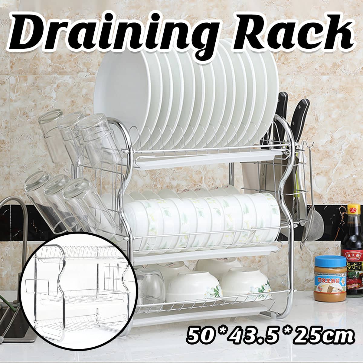 Dish Rack Drainer 3-Tier with Cutlery Holder for Kitchen Storage, White