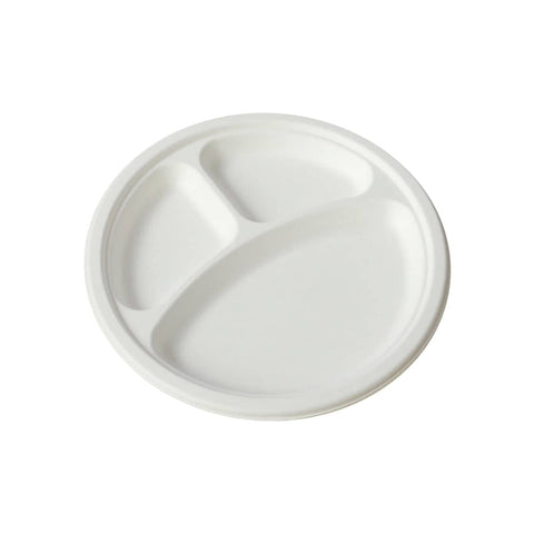 Disposable 3-Compartment Sugarcane Pulp Plates, Pack of 50 - 10 Inch (25.8 cm)