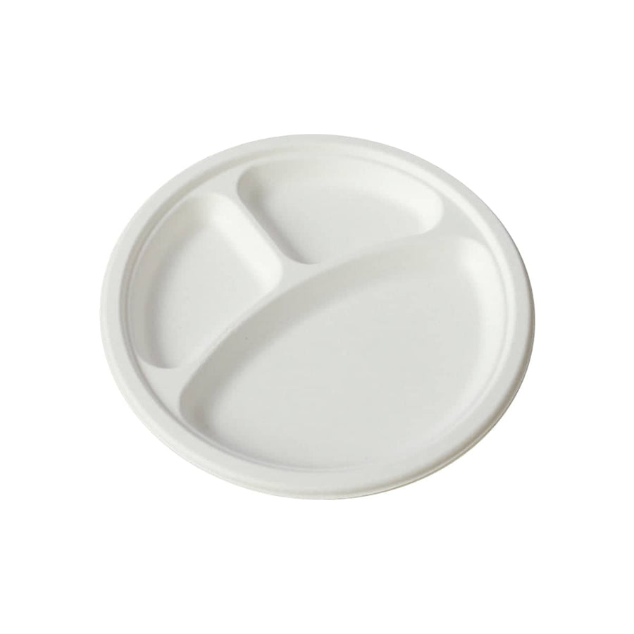 Disposable 3-Compartment Sugarcane Pulp Plates, Pack of 50 - 10 Inch (25.8 cm)