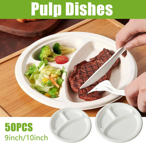 Disposable 3-Compartment Sugarcane Pulp Plates, Pack of 50 - 10 Inch (25.8 cm) - view 2