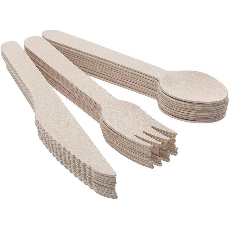 Disposable Bamboo Wooden Cutlery Set - Knives, Forks and Spoons, 200 Each