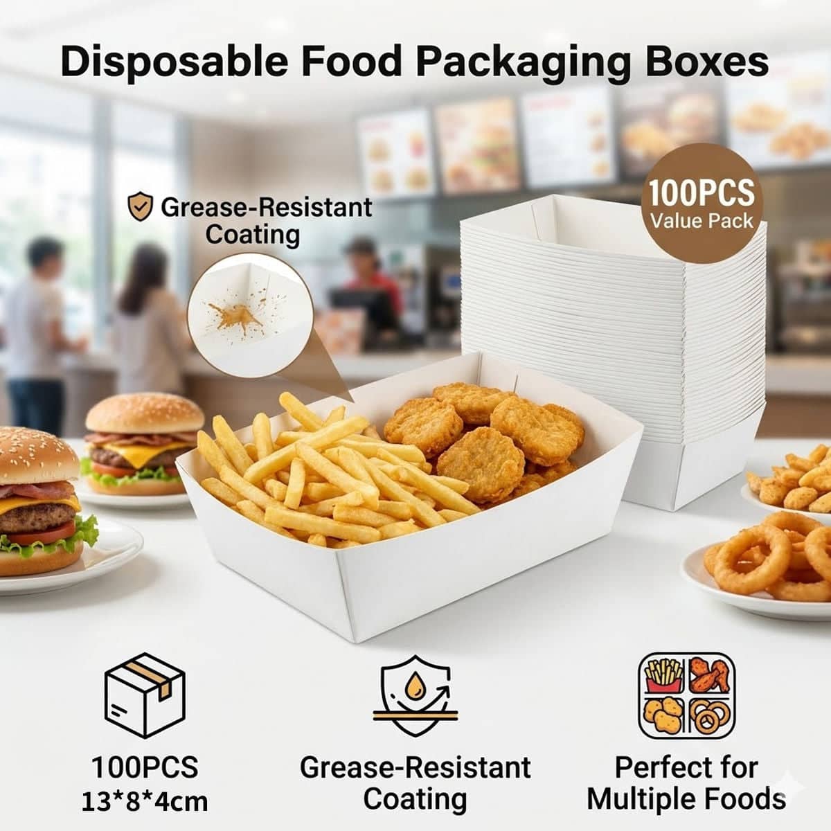 Disposable Food Trays, Grease Resistant Paper Boats for Snacks, Pack of 100