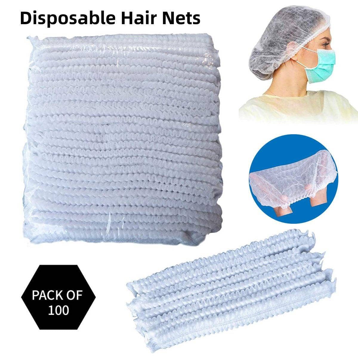 Disposable Hairnet Caps Nonwoven, Pack of 100