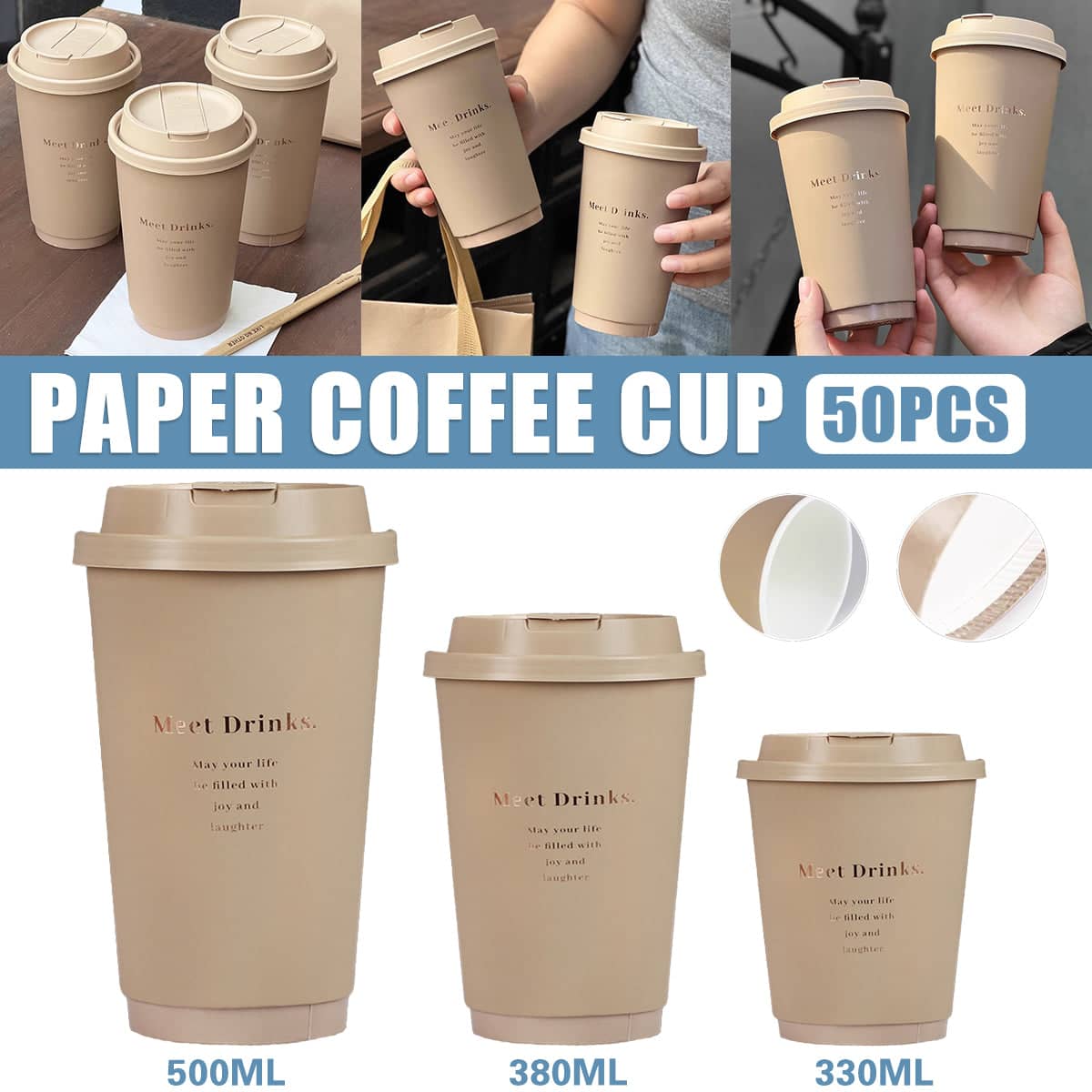 Disposable Paper Coffee Cups with Lids, Pack of 50 - 500 ml - view 2
