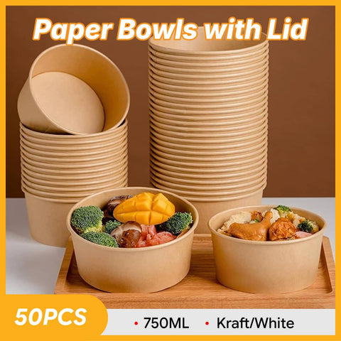 Disposable Round Paper Bowls with Lids for Takeout, 750 ml, Pack of 50 - White - view 2