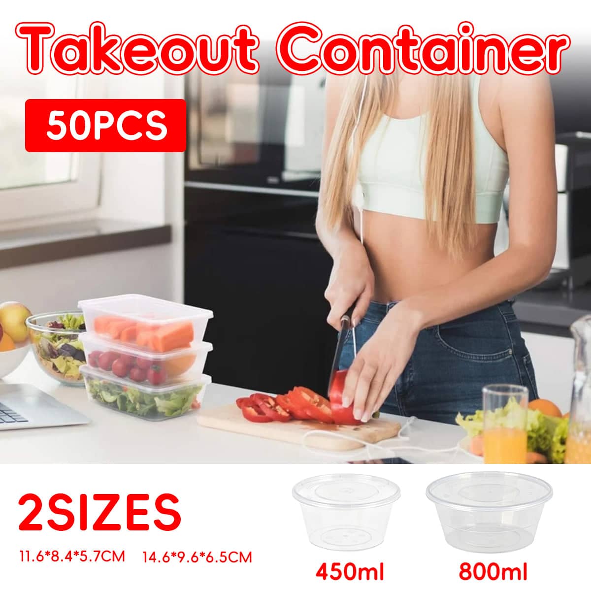 Disposable Round Takeout Containers with Lids Food Grade PP - 800ml, Pack of 50 - view 2
