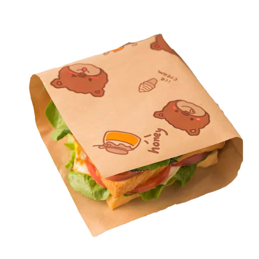 Disposable Sandwich Paper Bags, Pack of 50 - Brown Cartoon Bear Print
