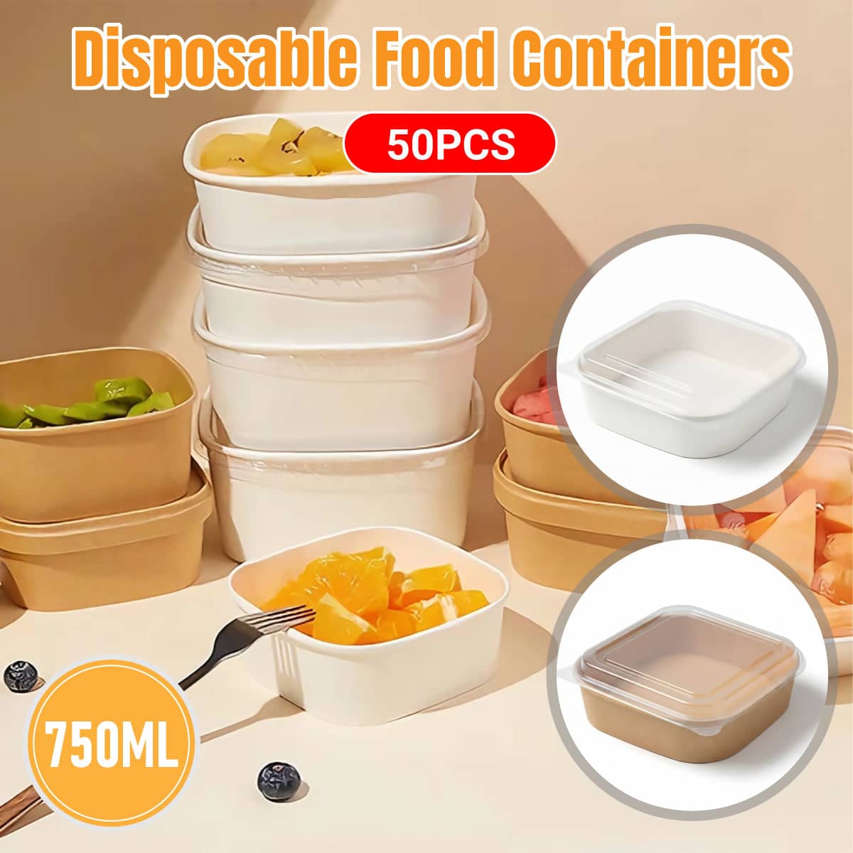 Disposable Square Food Containers with Lids 750ml - White, Pack of 50 - view 2