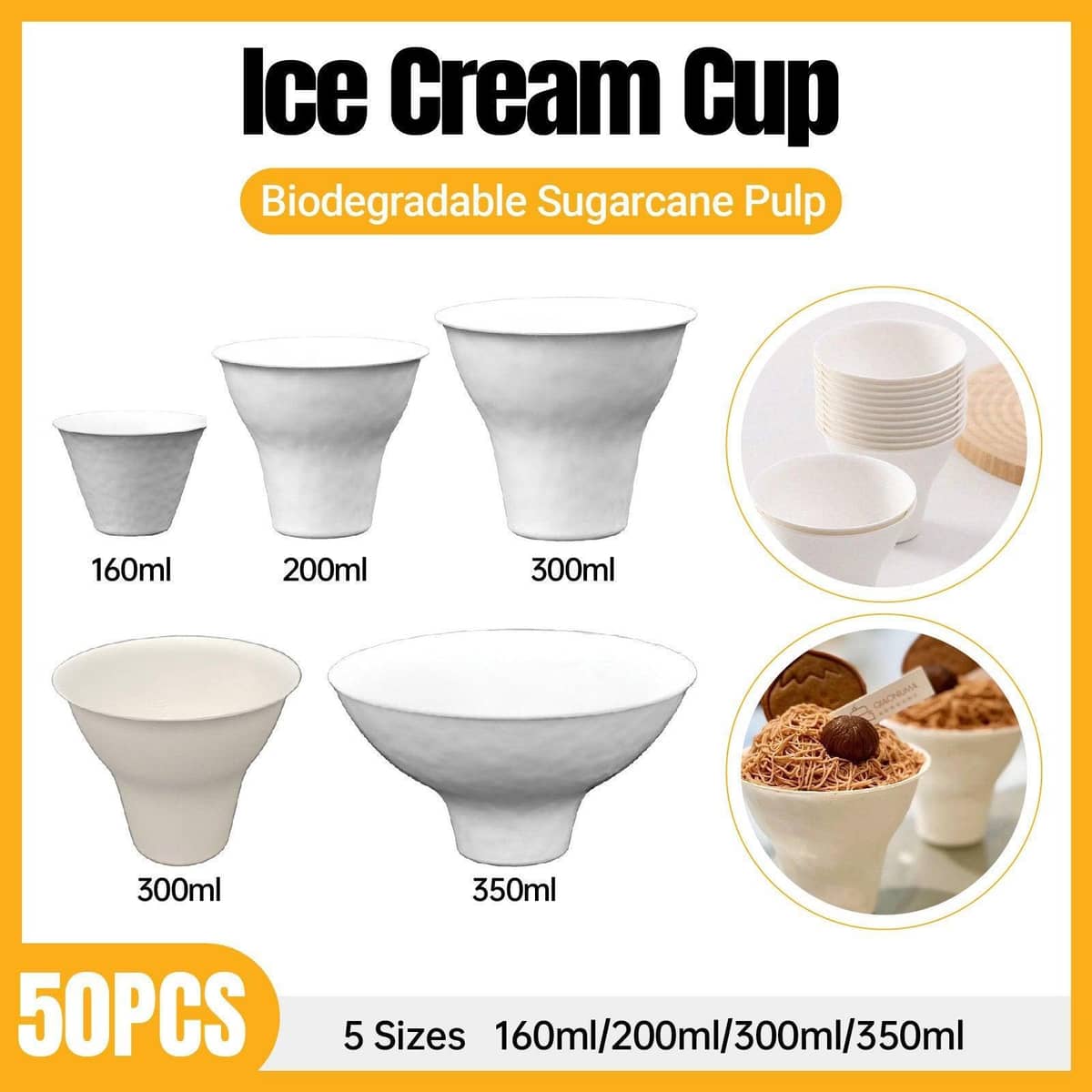 Disposable Sugarcane Pulp Ice Cream Cups - 300 ml, Smooth Finish, Pack of 50, White - view 2