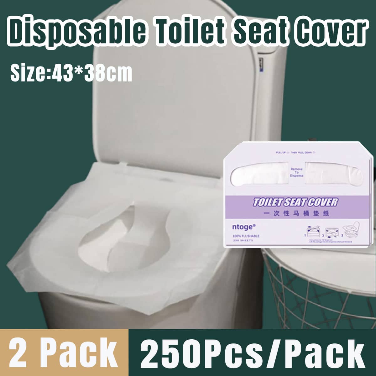 Disposable Toilet Seat Covers for Travel and Hotel Use, Soluble Paper, Pack of 2 (250 per Pack)
