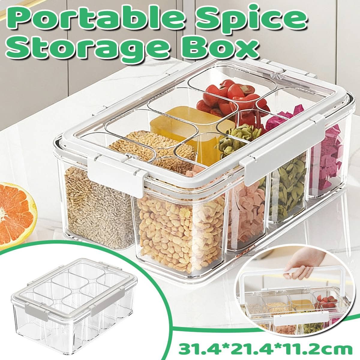 Divided Kitchen Storage Box with Handle, Sealed Lid and Clip Locks