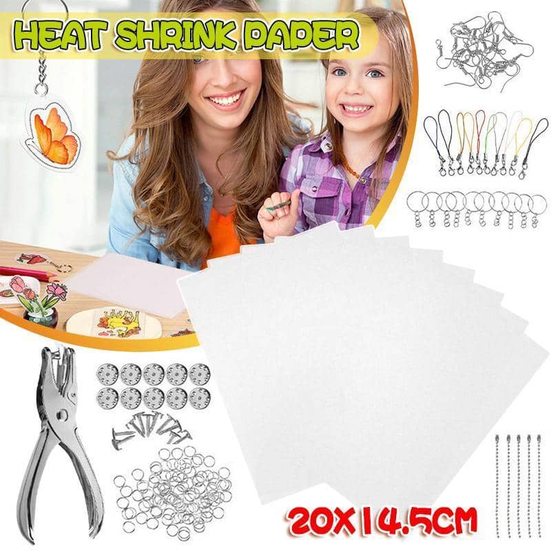 DIY Craft Heat Shrink Plastic Sheet Kit 182 Pieces with Punch, Clasps and Rings