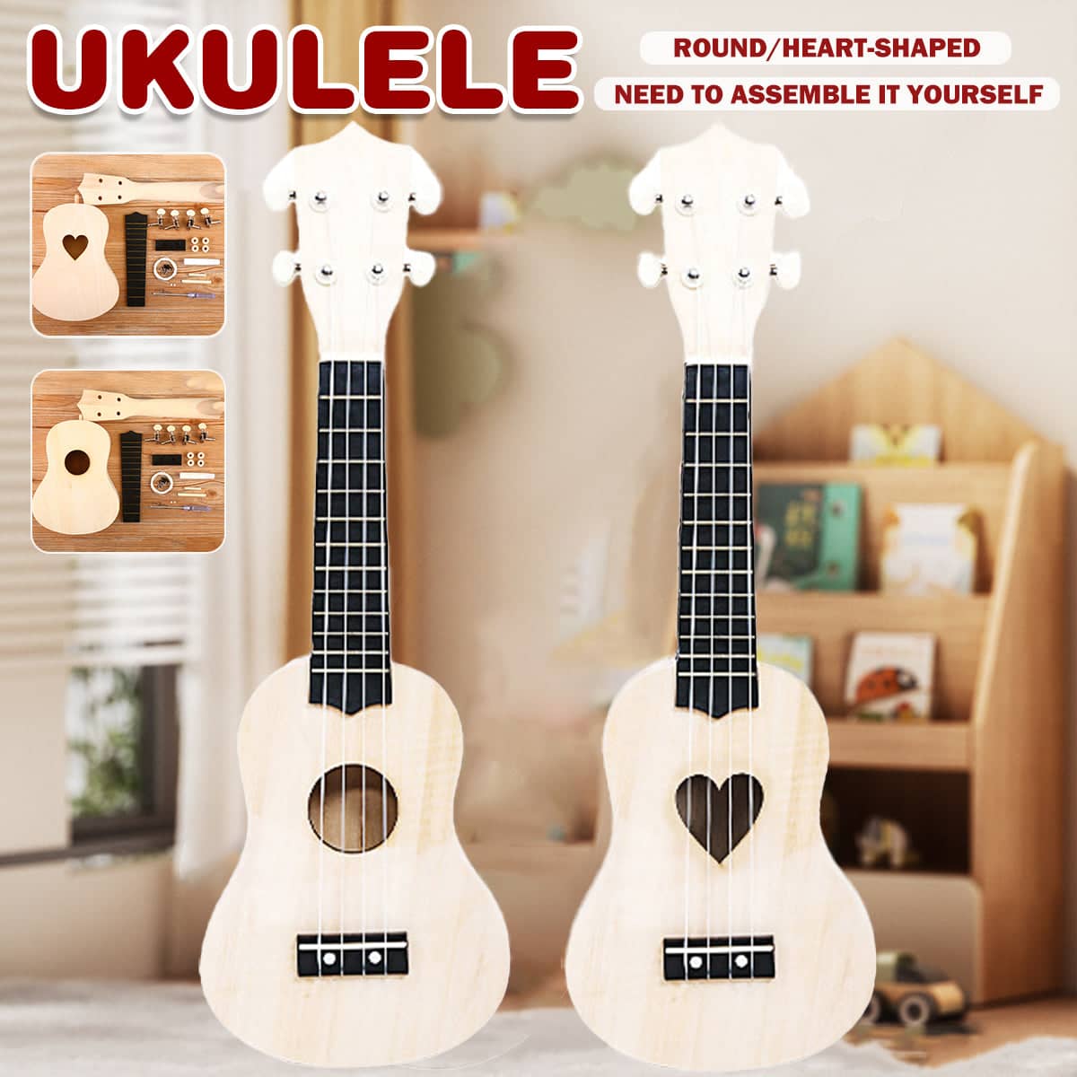 DIY Ukulele Kit 21 Inch (53cm) Natural Wood for Beginners - Round Sound Hole - view 2