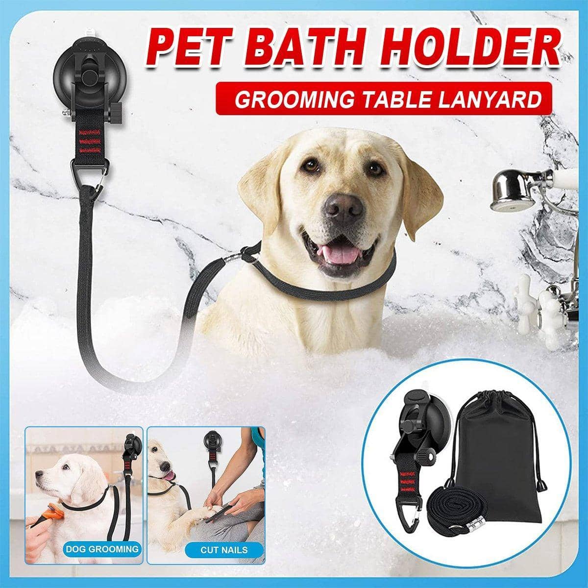 Dog and Cat Grooming Bath Holder with Suction Cup and Adjustable Tether