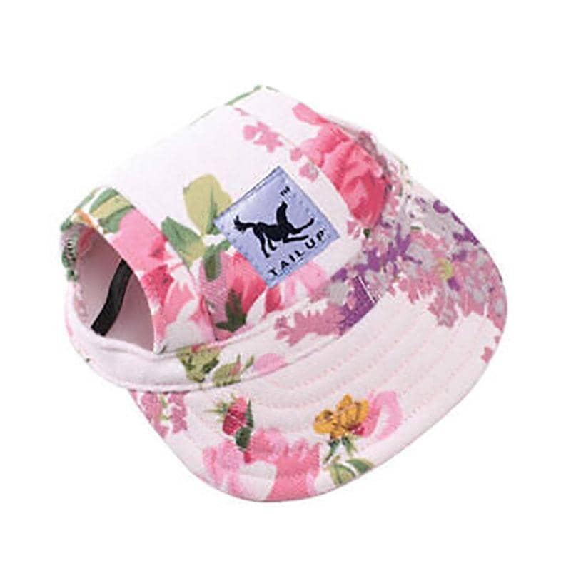 Dog Baseball Cap Sun Hat with Ear Holes - Pink Floral Print, XL (Head 48 cm)