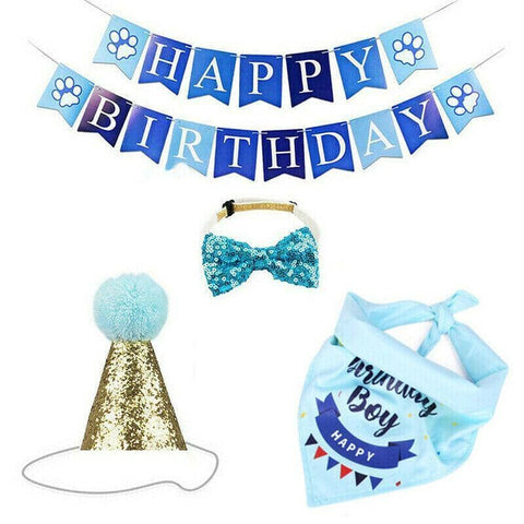 Dog Birthday Party Set with Bandana, Hat, Bowtie and Banner - Blue