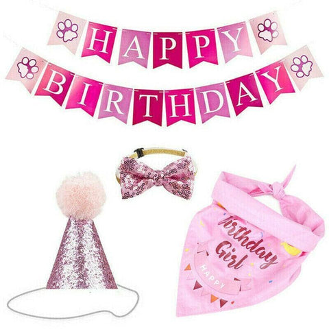 Dog Birthday Party Set with Bandana, Hat, Bowtie and Banner - Pink