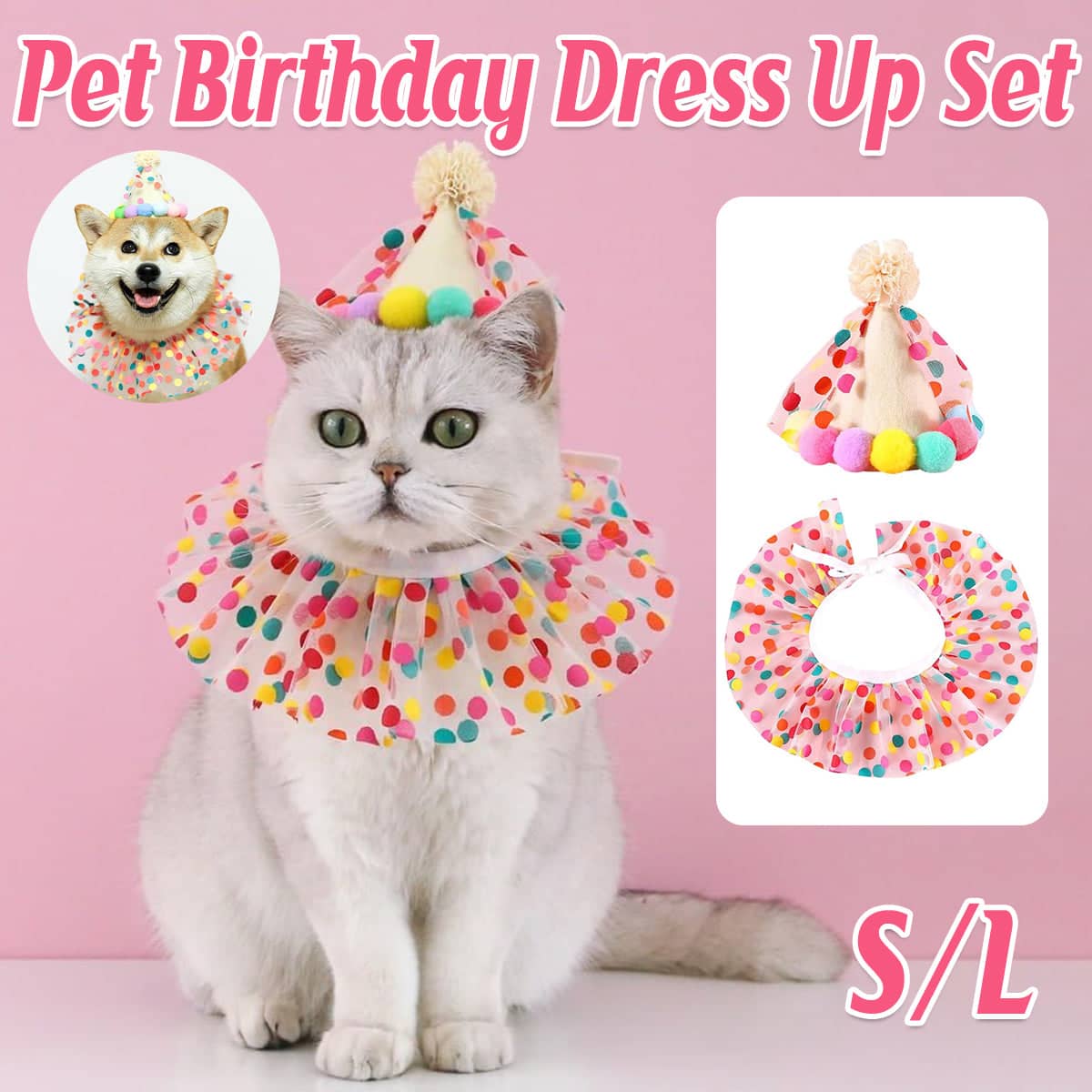 Dog Cat Birthday Dress Bib and Felt Hat Party Set - S, Bib Perimeter 18 cm - view 2
