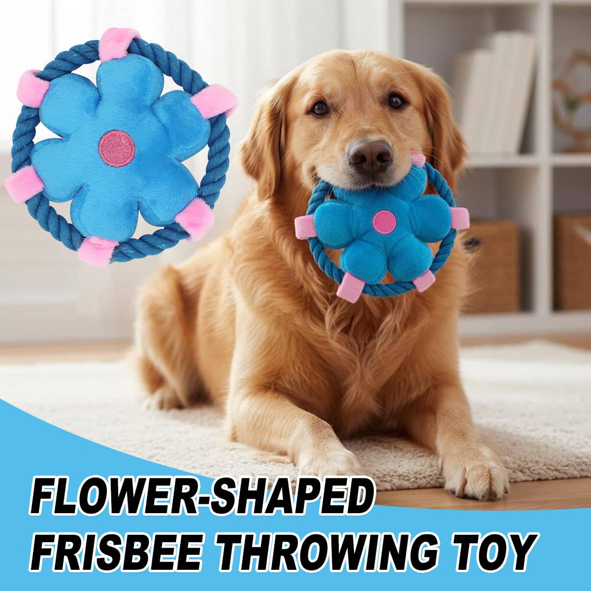 Dog Flying Disc Throw Toy, Flower Shape Plush with Squeaker and Rope Ring