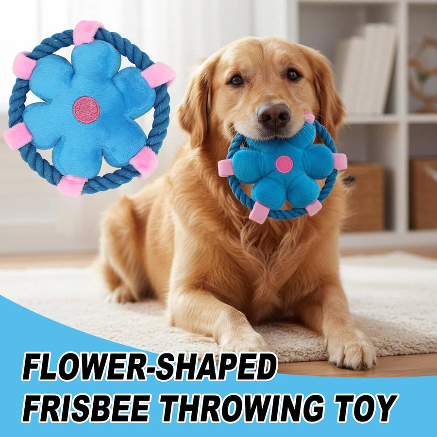 Dog Flying Disc Throw Toy, Flower Shape Plush with Squeaker and Rope Ring