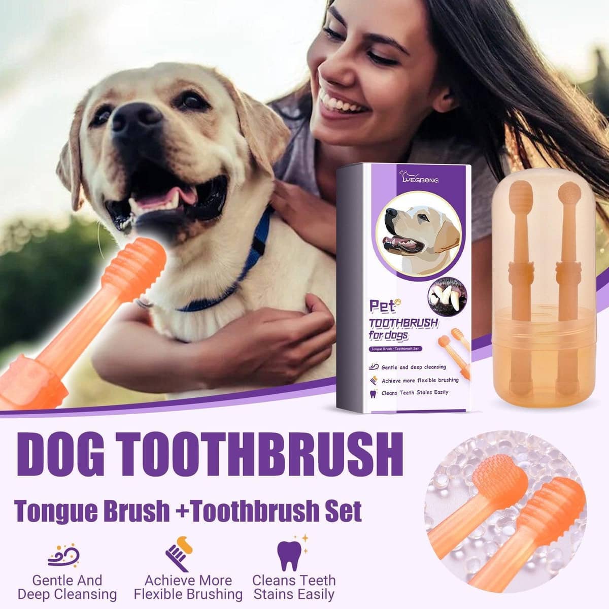 Dog Toothbrush and Tongue Brush Set with Protective Case
