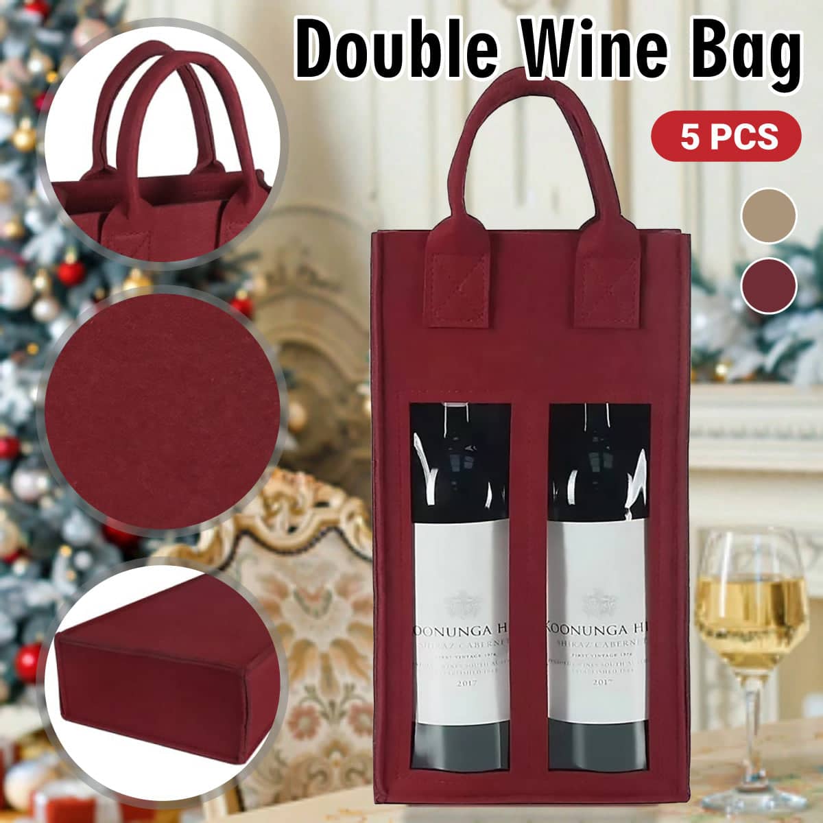 Double Bottle Felt Wine Gift Bags with Clear Windows - Beige, Pack of 5 - view 2