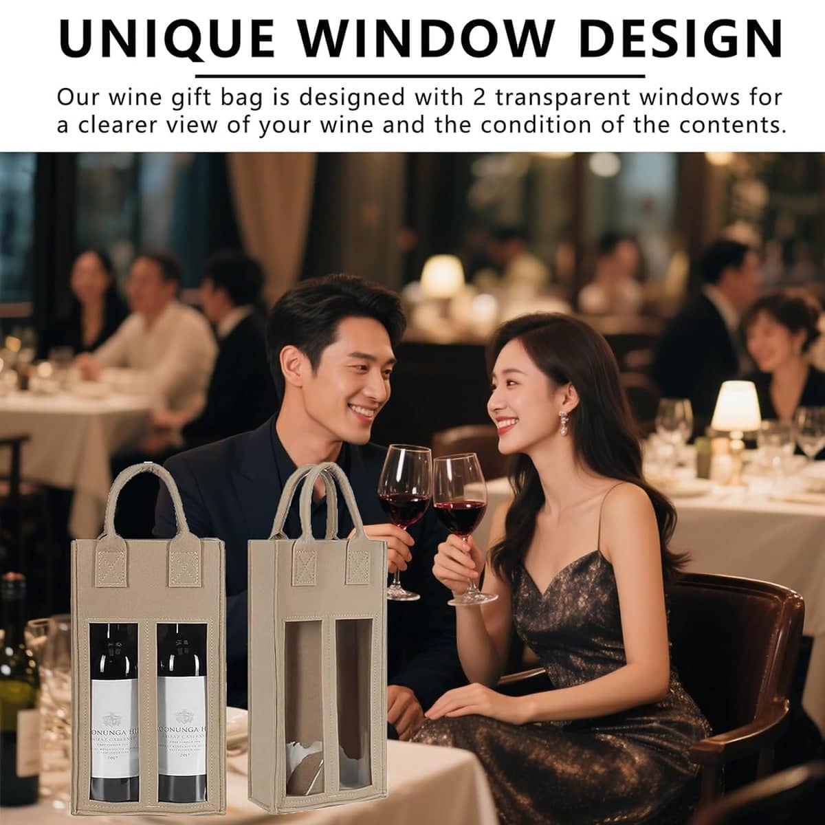 Double Bottle Felt Wine Gift Bags with Clear Windows - Beige, Pack of 5 - view 5