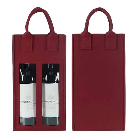 Double Bottle Felt Wine Gift Bags with Clear Windows - Burgundy, Pack of 5