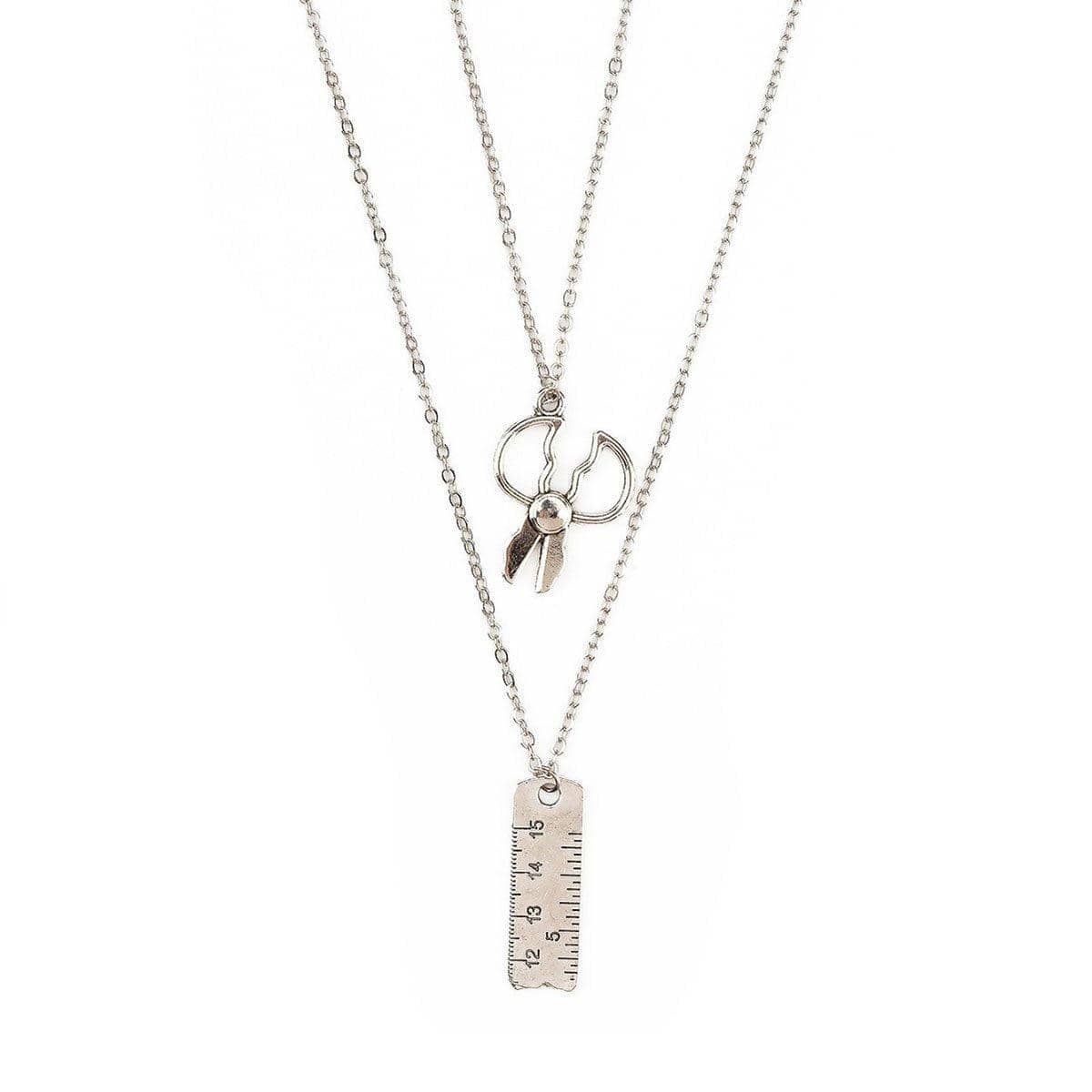 Double Chain Pendant Necklace for Women - Silver Tone Scissors and Ruler Charms