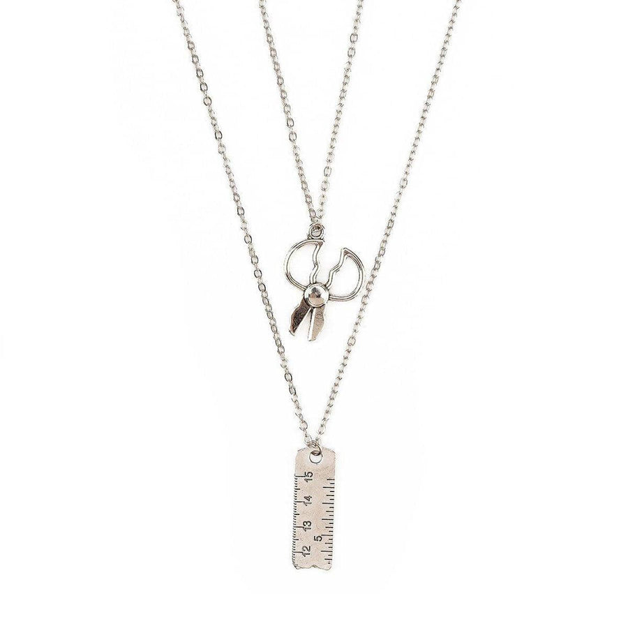 Double Chain Pendant Necklace for Women - Silver Tone Scissors and Ruler Charms