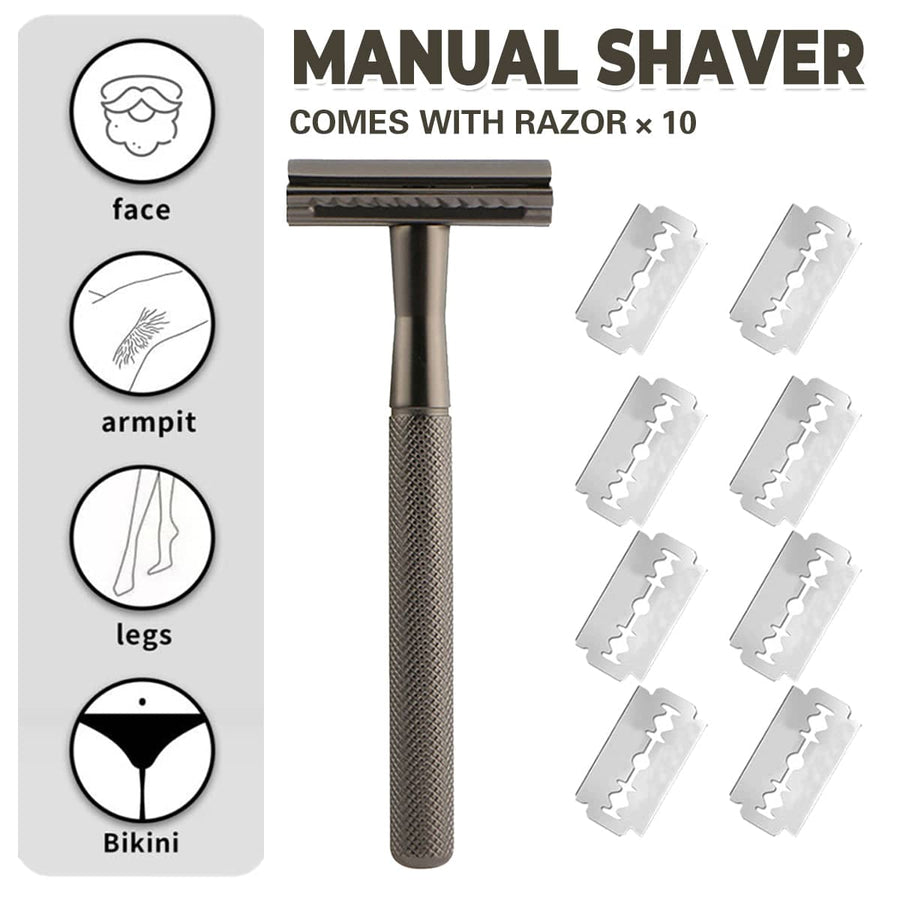 Double Edge Razor with 10 Blades, Manual Wet Shave, Diamond Grip Grey, 10.8 cm Handle