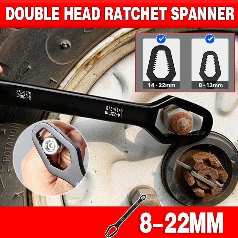 Double Head Ratchet Spanner Wrench, 8 to 22 mm - Black