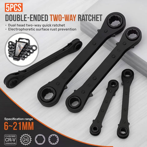 Double Head Ratchet Wrench Set, 5 Piece, 10 Sizes 6-21mm for Garage Tool Kit