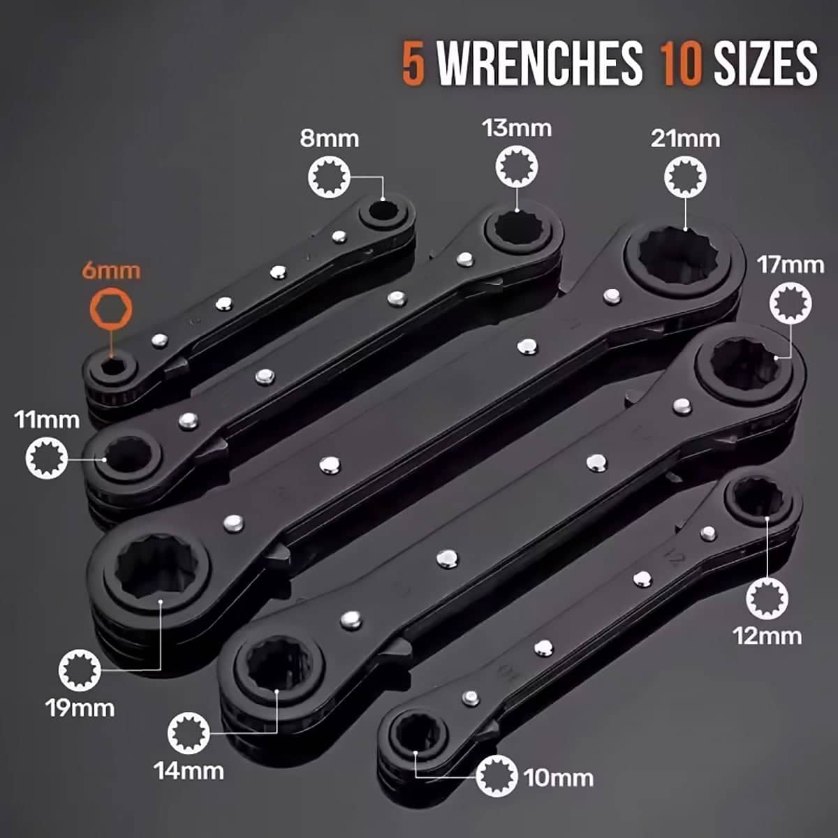 Double Head Ratchet Wrench Set, 5 Piece, 10 Sizes 6-21mm for Garage Tool Kit - view 4
