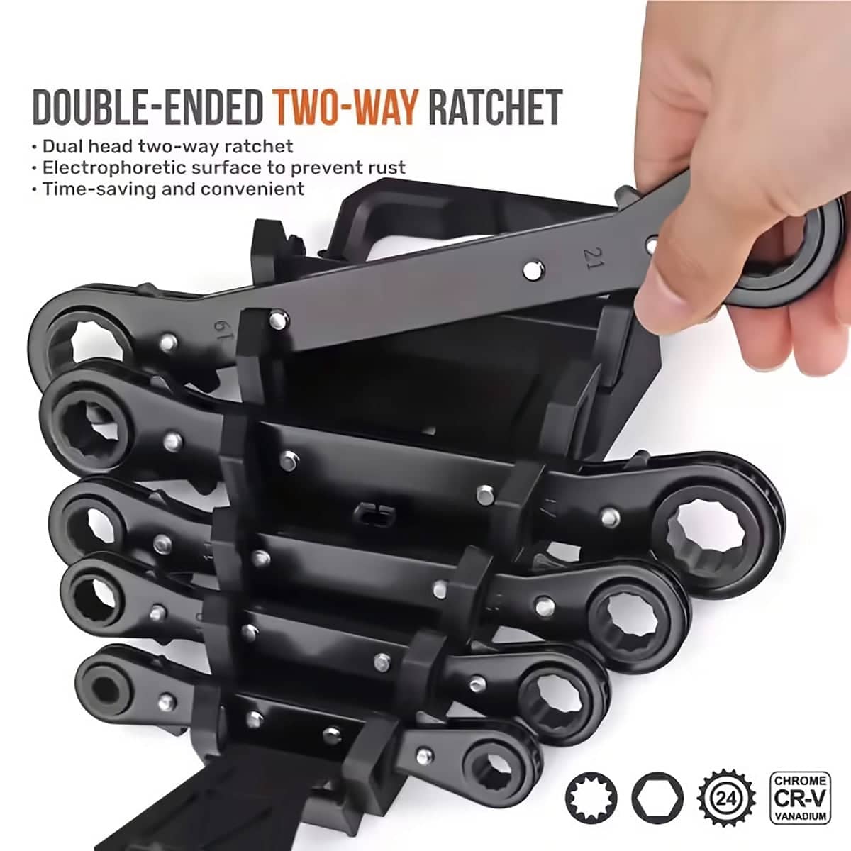 Double Head Ratchet Wrench Set, 5 Piece, 10 Sizes 6-21mm for Garage Tool Kit - view 5