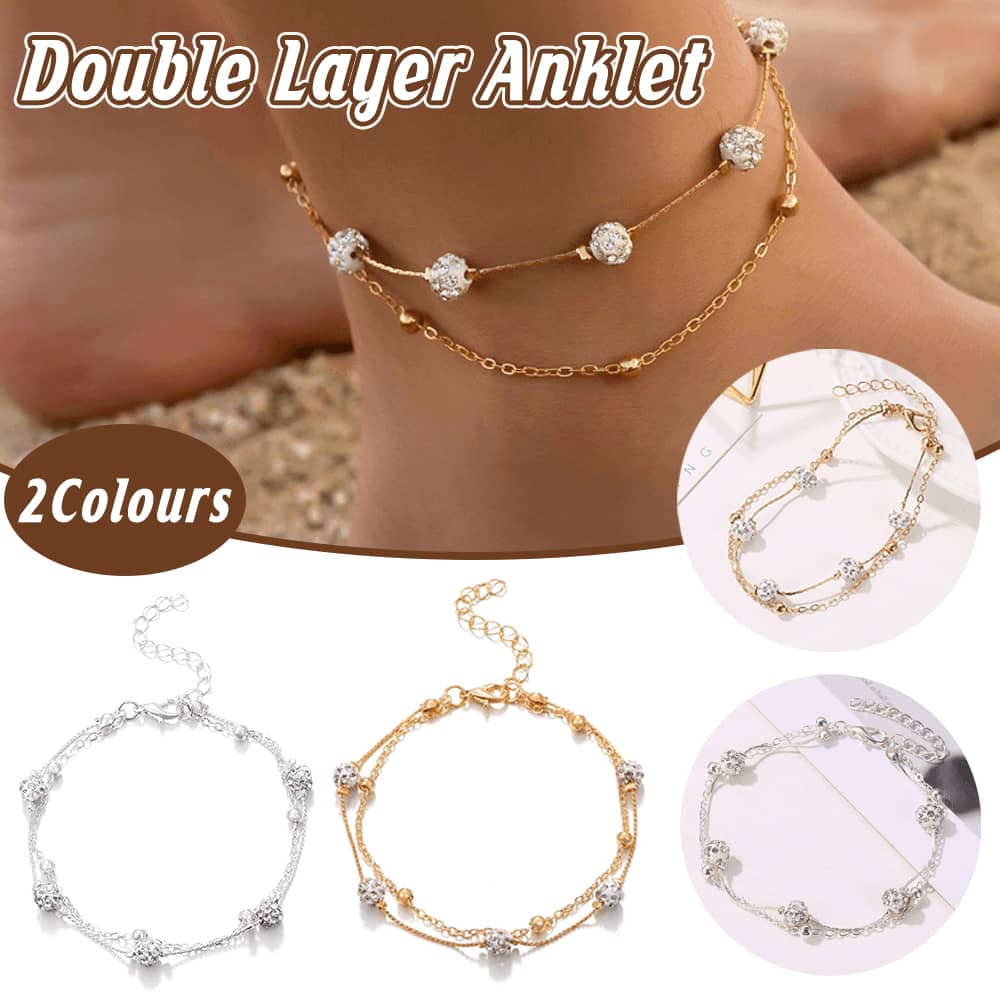 Double Layer Anklet for Women, Adjustable Multi Layer Summer Jewellery - Gold - view 2