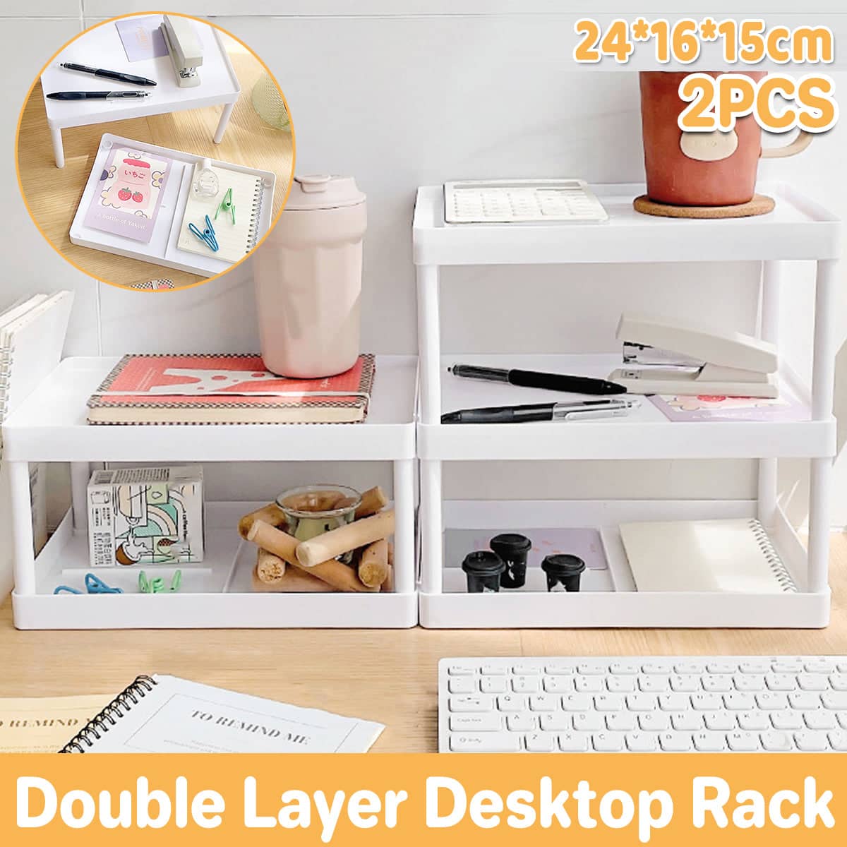 Double-Layer Desktop Storage Rack Organiser, White - Pack of 2