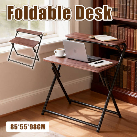 Double Layer Foldable Desk with Sturdy Metal Frame for Home Office and Study