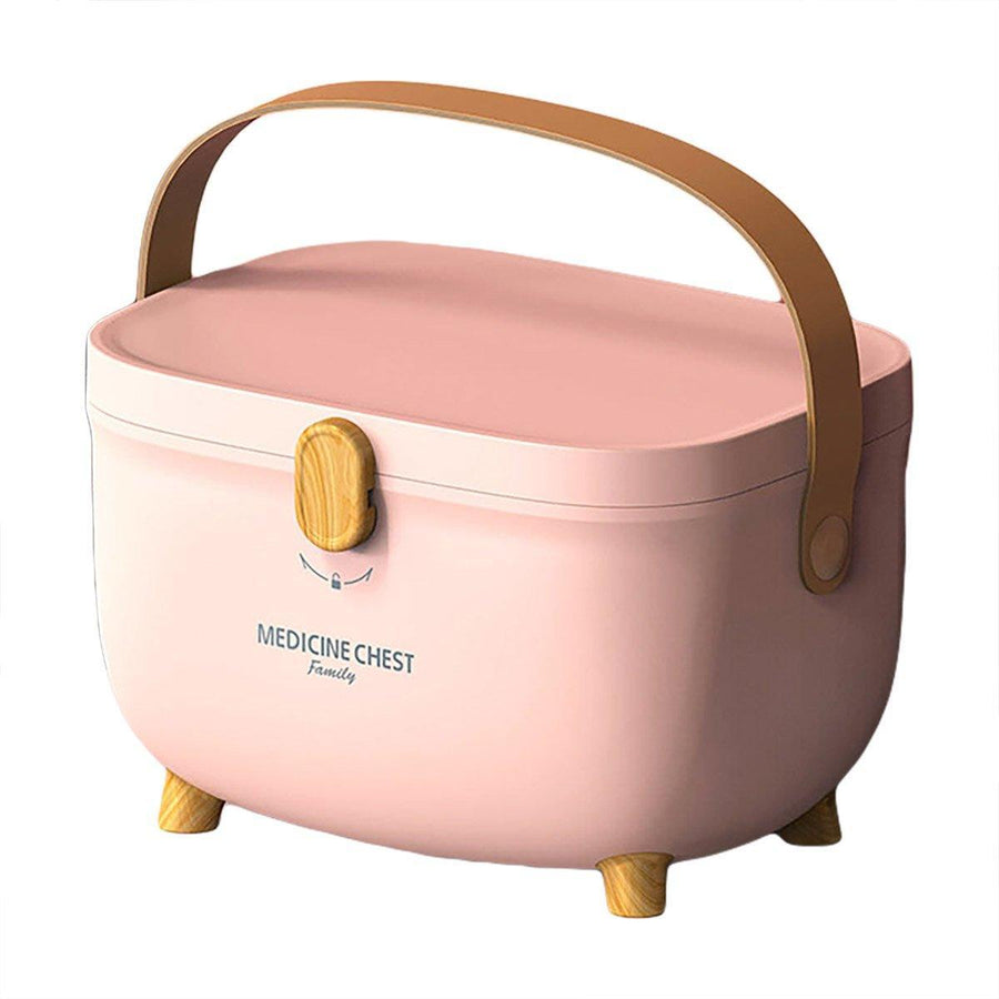 Double-Layer Medicine Storage Box with Lock and Handle - Pink