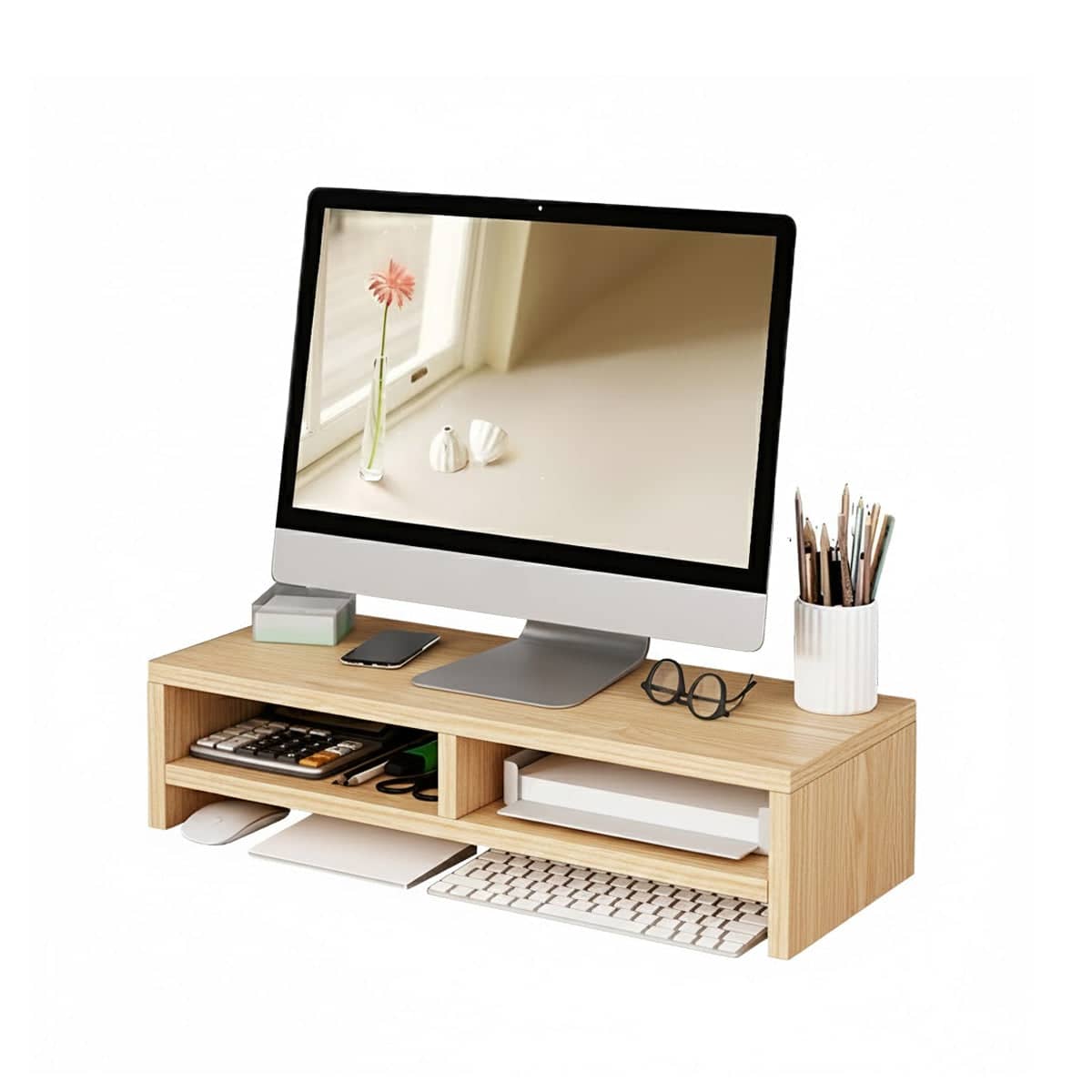 Double-Layer Monitor Stand Riser with Desk Storage - Natural Wood