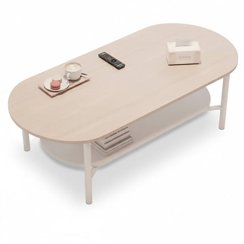 Double Layer Oval Coffee Table with Storage Shelf for Living Room - Beige