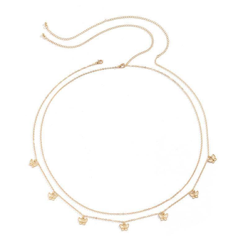 Double Layer Tassel Butterfly Waist Chain Body Chain - Gold