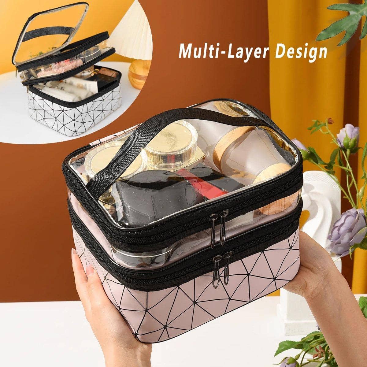 Double Layer Waterproof Cosmetic Bag with Clear Top - Light Pink - view 5