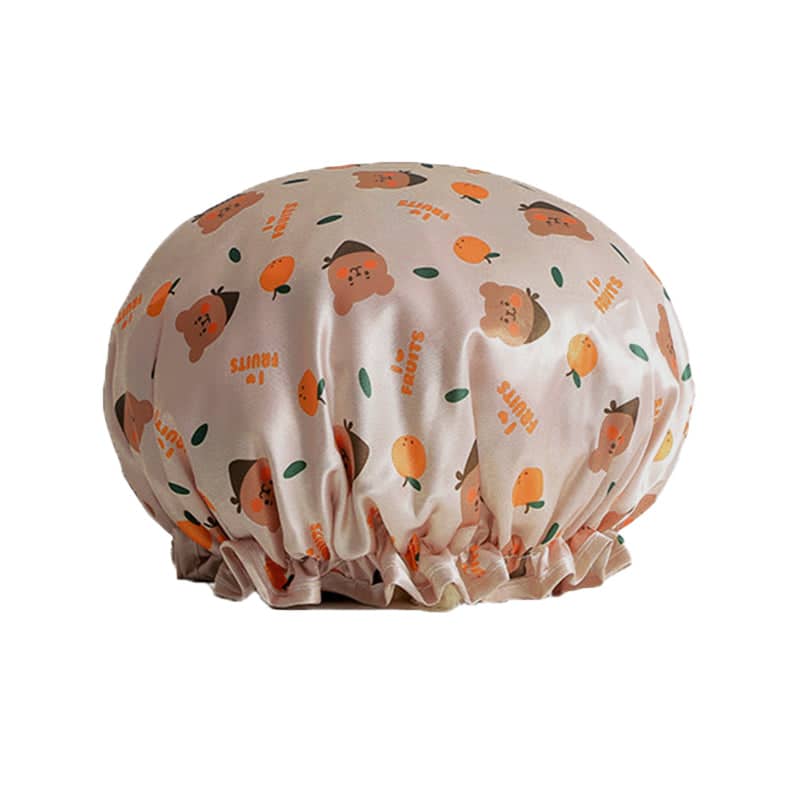 Double Layer Waterproof Shower Cap, 24 cm - Beige Bear and Orange Print