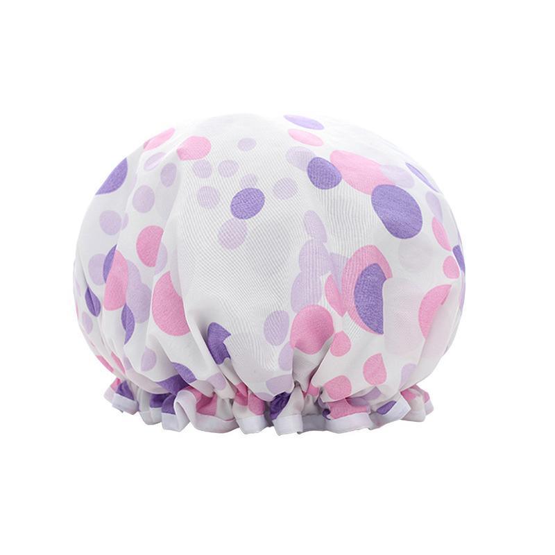 Double Layer Waterproof Shower Cap, 24 cm - White Dot Print