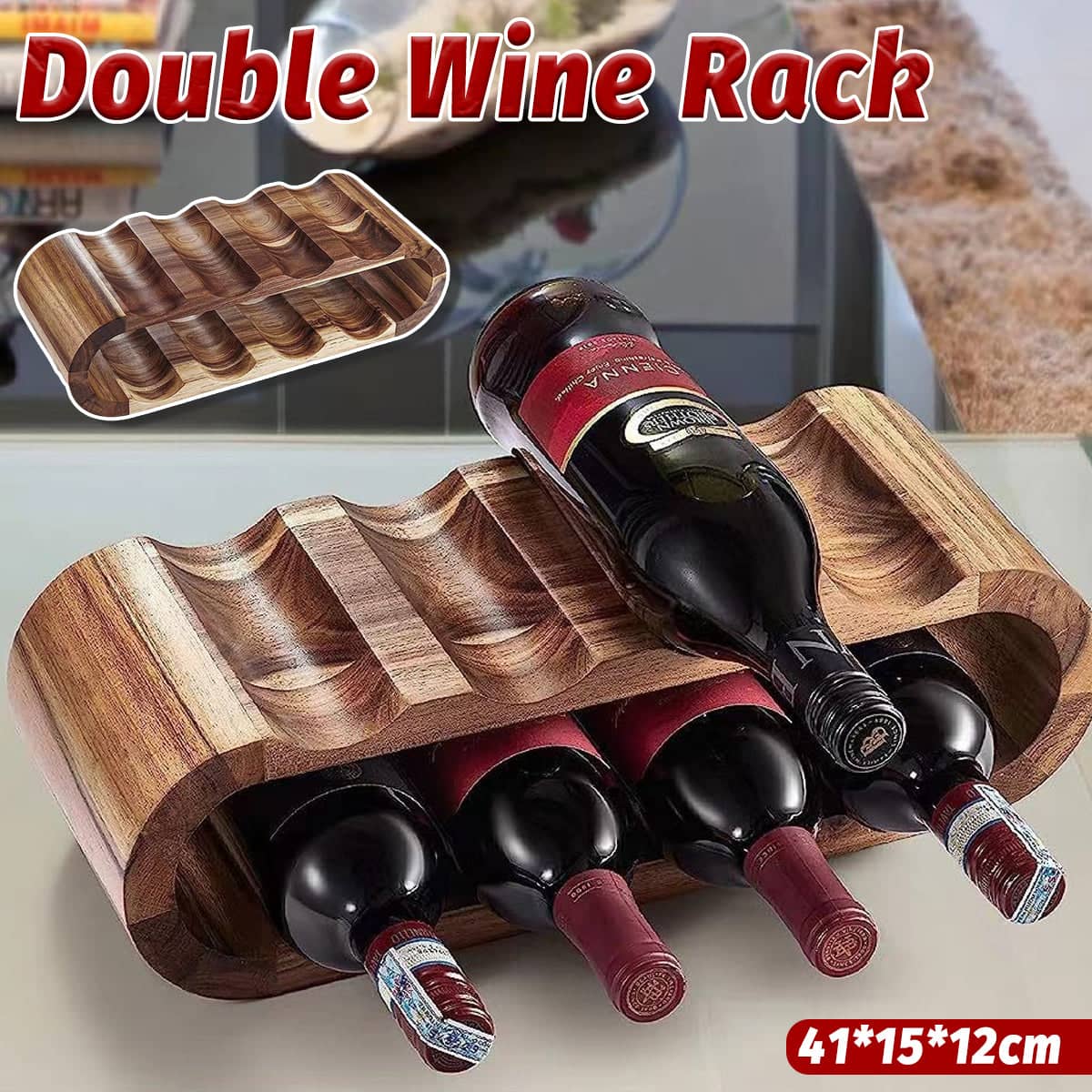 Double Layer Wooden Wine Rack for 8 Bottles, Bar and Kitchen Display Stand